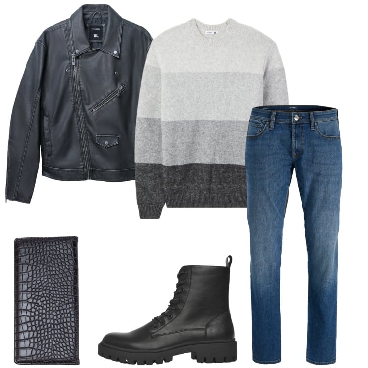 Outfit uomo - Total look #2372440. Stile Urban per Tutti i giorni. Abbinamento con jeans, anfibi, giacche, maglieria, portafogli.