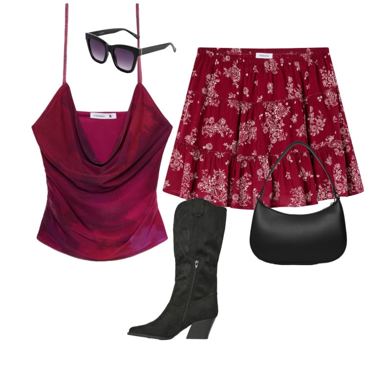 Outfit donna - Total look #2372448. Stile Romantica per Tutti i giorni. Abbinamento con occhiali da sole, minigonne, stivali, borse a tracolla, top.