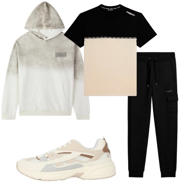 Outfit uomo - Total look #2372450. Stile Trendy per Sport. Abbinamento con t-shirt, pantaloni cargo, felpe con cappuccio, sneakers.