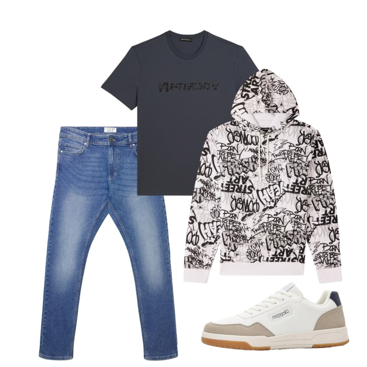 Outfit uomo - Primavera. Stile Casual per Tutti i giorni. Abbinamento con sneakers, t-shirt, felpe con cappuccio, jeans skinny.