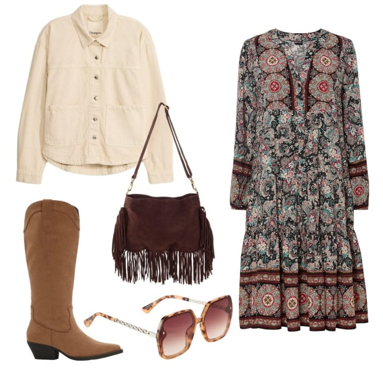 Outfit donna - Total look #2372460. Stile Vintage retrò per Tutti i giorni. Abbinamento con vestiti, borse a tracolla, stivali, occhiali da sole, cappotti.