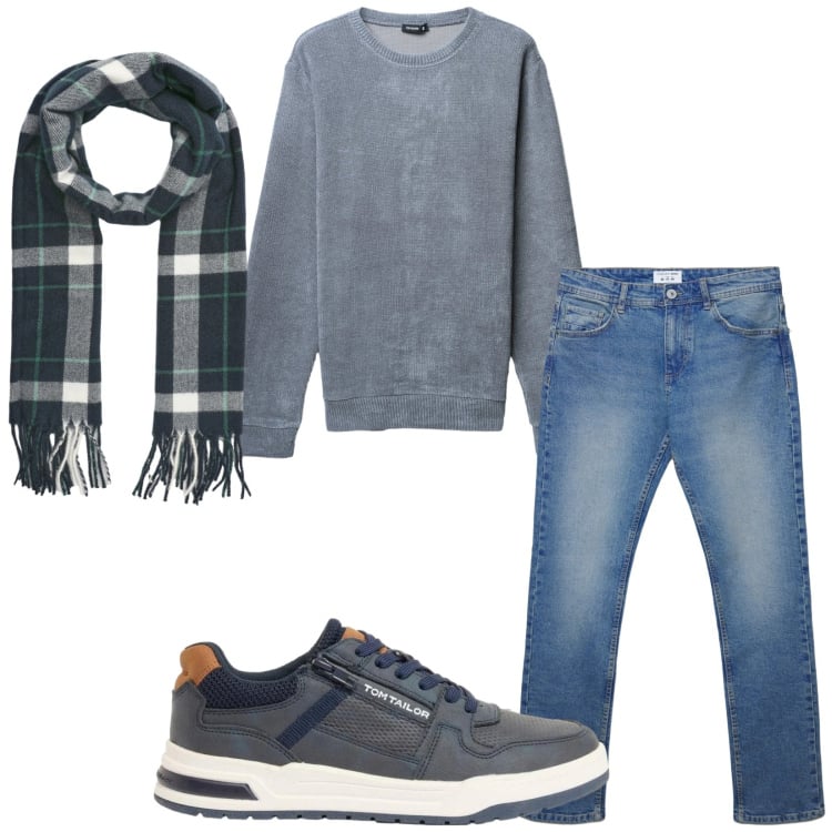 Outfit uomo - Total look #2372464. Stile Casual per Tutti i giorni. Abbinamento con sneakers, maglieria, sciarpe, jeans dritti.