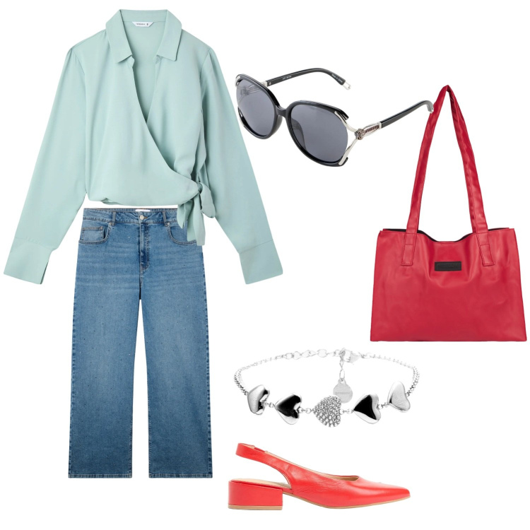 Outfit donna - Sunrise. Stile Bon Ton per Mare. Abbinamento con occhiali da sole, décolleté, shopping bag, braccialetti, camicie, jeans.