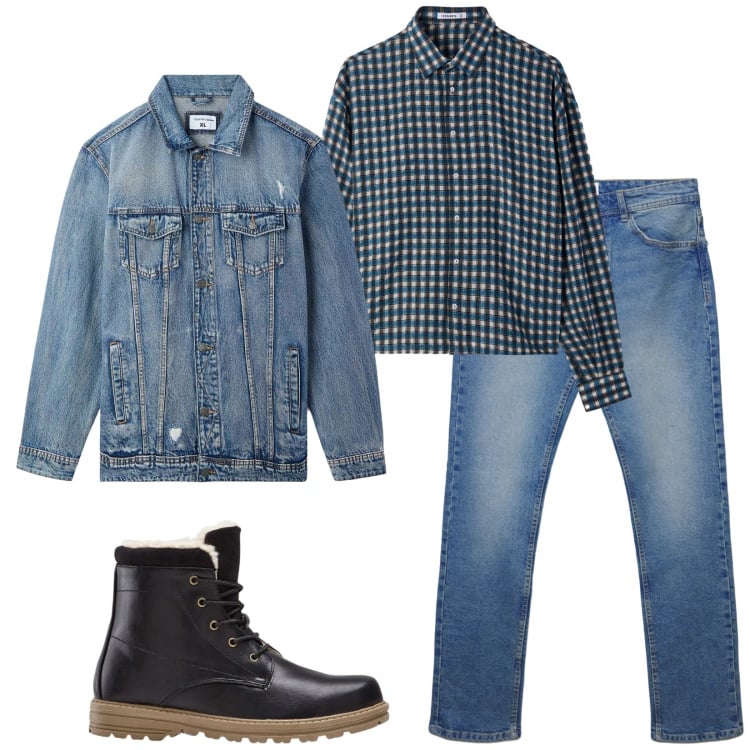 Outfit uomo - Total look #2372467. Stile Trendy per Tutti i giorni. Abbinamento con stivali e stivaletti, giacche, jeans dritti, camicie.