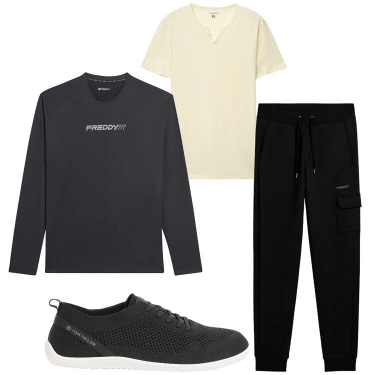 Outfit uomo - Total look #2372469. Stile Urban per Sport. Abbinamento con sneakers, t-shirt, pantaloni cargo, t-shirt.