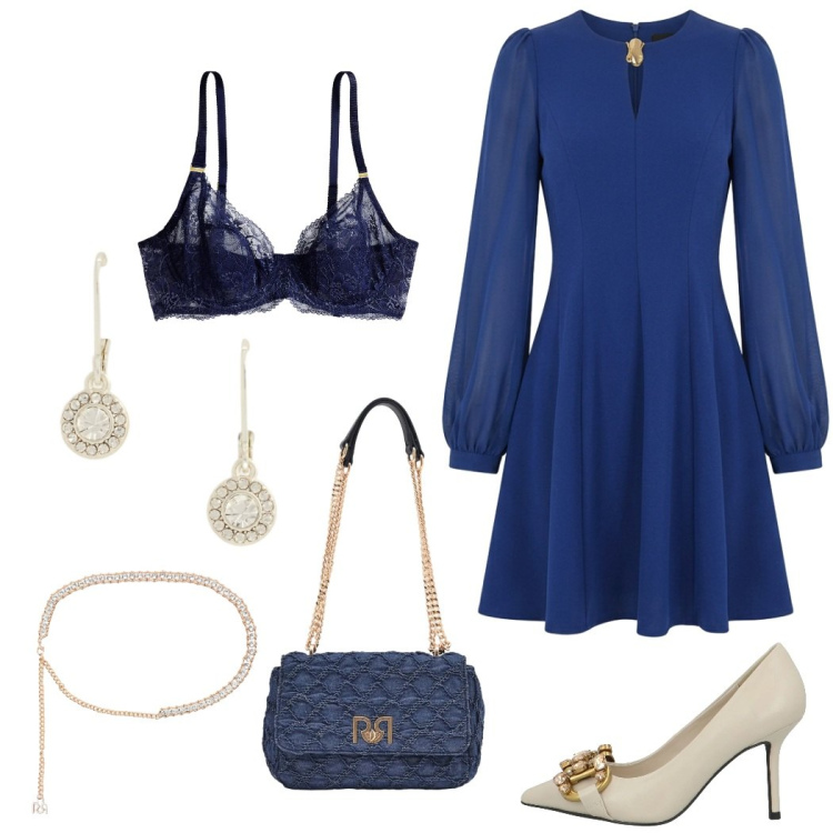 Outfit donna - Total look #2372472. Stile Chic per Cerimonia. Abbinamento con décolleté, vestiti corti, borse a spalla, cinture, reggiseni, orecchini.