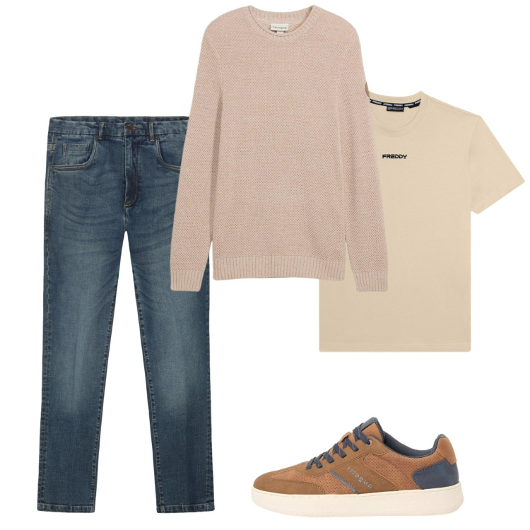 Outfit uomo - Casual pull. Stile Casual per Tutti i giorni. Abbinamento con sneakers, maglieria, t-shirt, jeans.