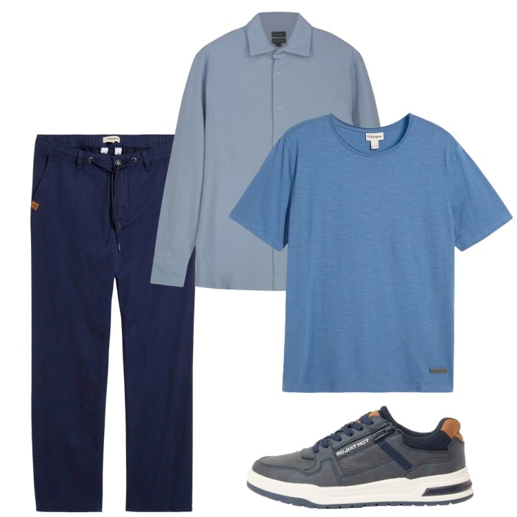 Outfit uomo - Ordinato in blu. Stile Casual per Tutti i giorni. Abbinamento con pantaloni chino, t-shirt, sneakers, polo.