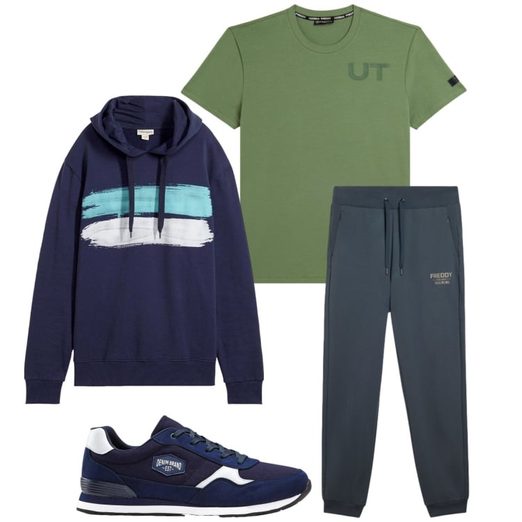 Outfit uomo - Total look #2372499. Stile Trendy per Sport. Abbinamento con sneakers, felpe con cappuccio, pantaloni, t-shirt.