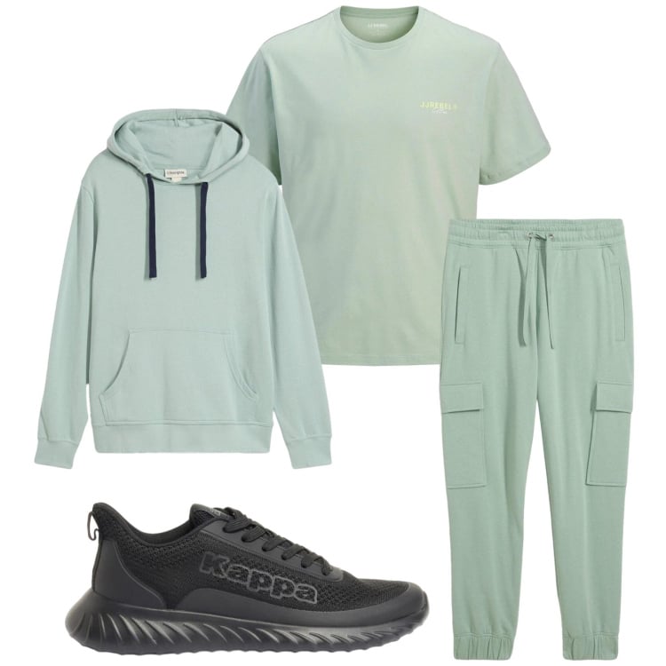 Outfit uomo - Total look #2372501. Stile Trendy per Sport. Abbinamento con sneakers, t-shirt, pantaloni, felpe con cappuccio.