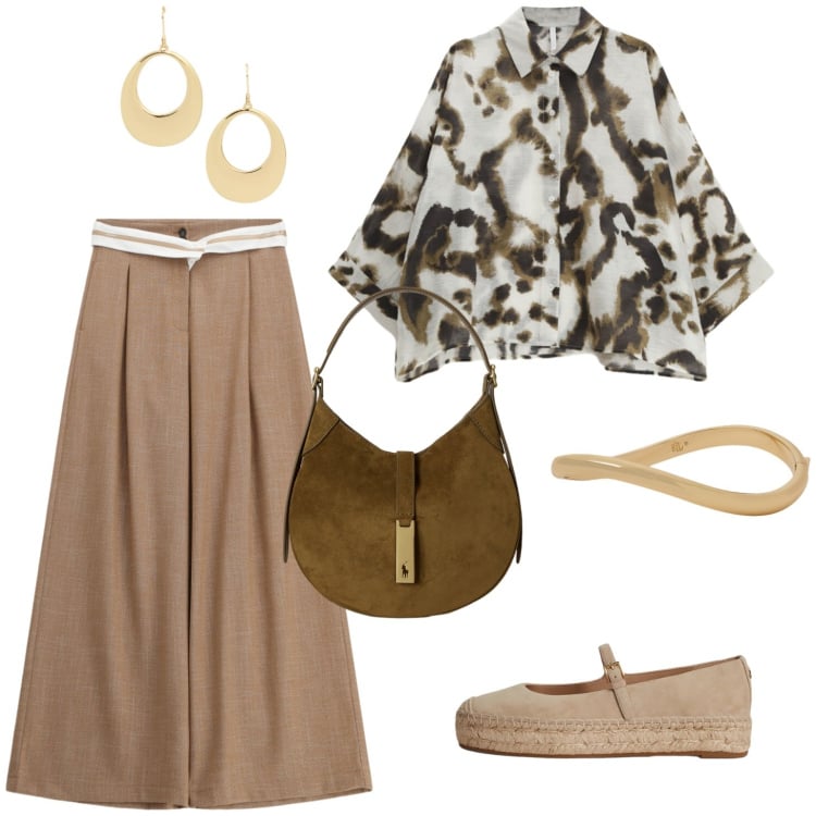 Outfit donna - Camicia pantaloni palazzo. Stile Casual per Tutti i giorni. Abbinamento con camicie, pantaloni a palazzo, espadrillas, borse a spalla, braccialetti, orecchini.