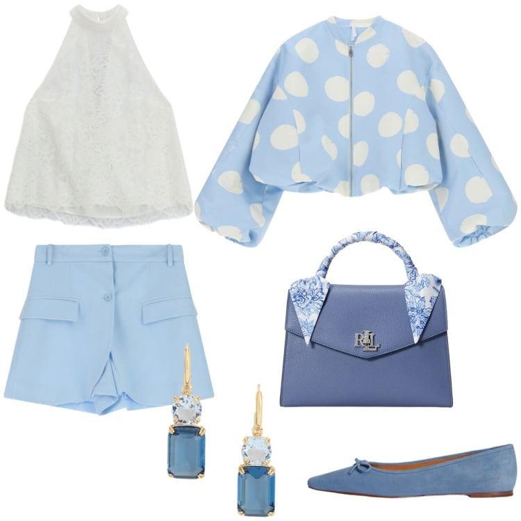 Outfit donna - Notte di cielo. Stile Glamour per Tutti i giorni. Abbinamento con shorts, bomber, top, ballerine, orecchini, borse a mano.