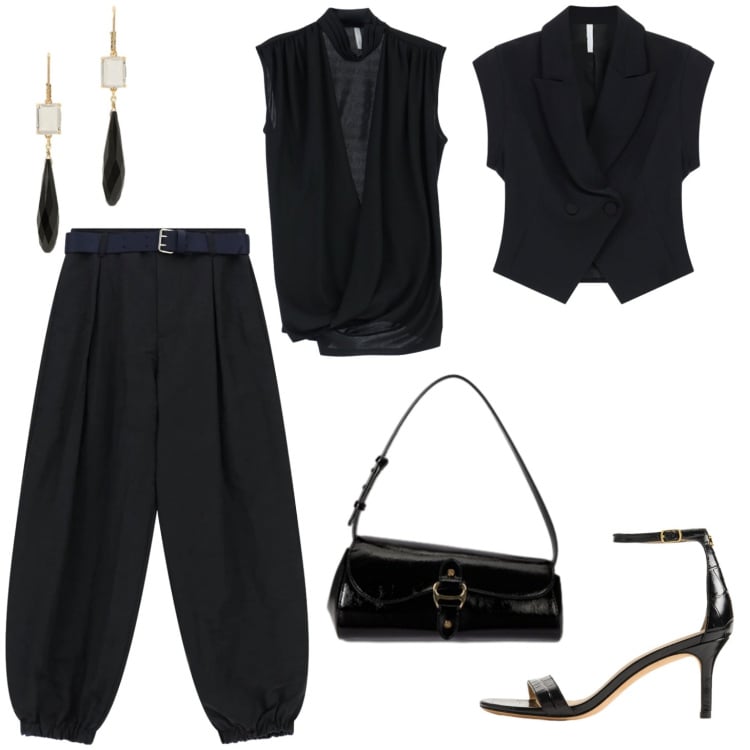 Outfit donna - Total black. Stile Casual chic per Serata fuori. Abbinamento con top, pantaloni, gilet, borse a spalla, sandali in pelle, orecchini.