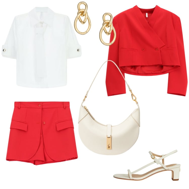 Outfit donna - Rosso e bianco. Stile Casual chic per Tutti i giorni. Abbinamento con camicie, blazer, shorts, orecchini, borse a spalla, sandali in pelle.