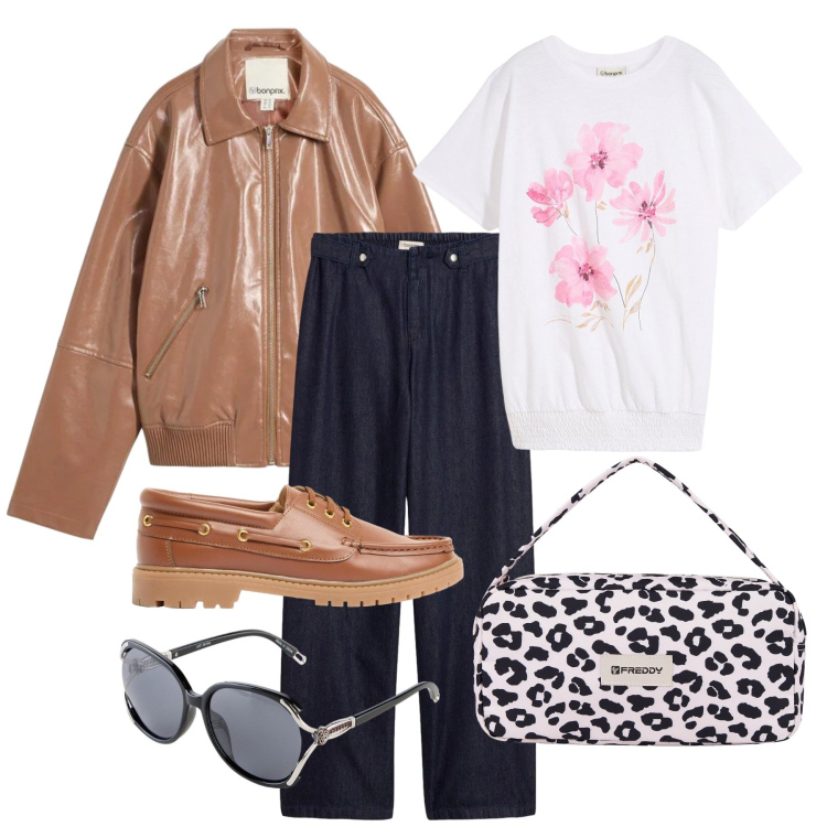 Outfit donna - Marzo. Stile Casual chic per Tutti i giorni. Abbinamento con t-shirt, jeans dritti, occhiali da sole, cappotti, mocassini, borse a spalla.