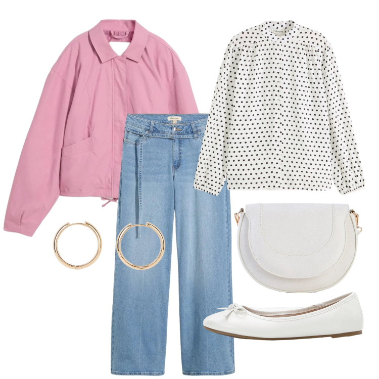 Outfit donna - Marzo. Stile Basic per Tutti i giorni. Abbinamento con borse a tracolla, ballerine, bomber, camicie, orecchini, jeans.