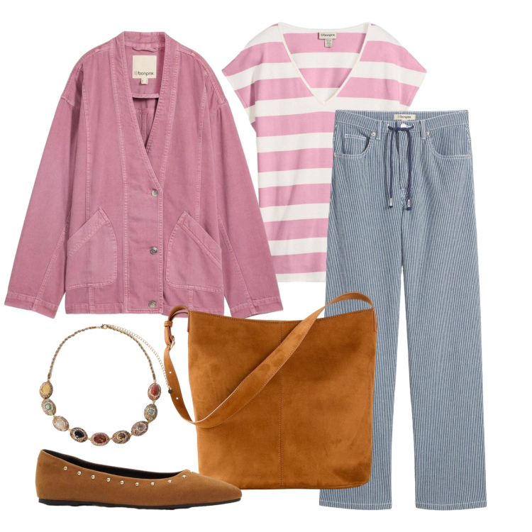 Outfit donna - Marzo. Stile Casual chic per Tutti i giorni. Abbinamento con jeans dritti, blazer, borse a mano, maglieria, ballerine, collane.