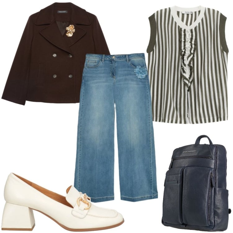 Outfit donna - Total look #2372618. Stile Trendy per Tutti i giorni. Abbinamento con mocassini, zaini, jeans, blazer, top.