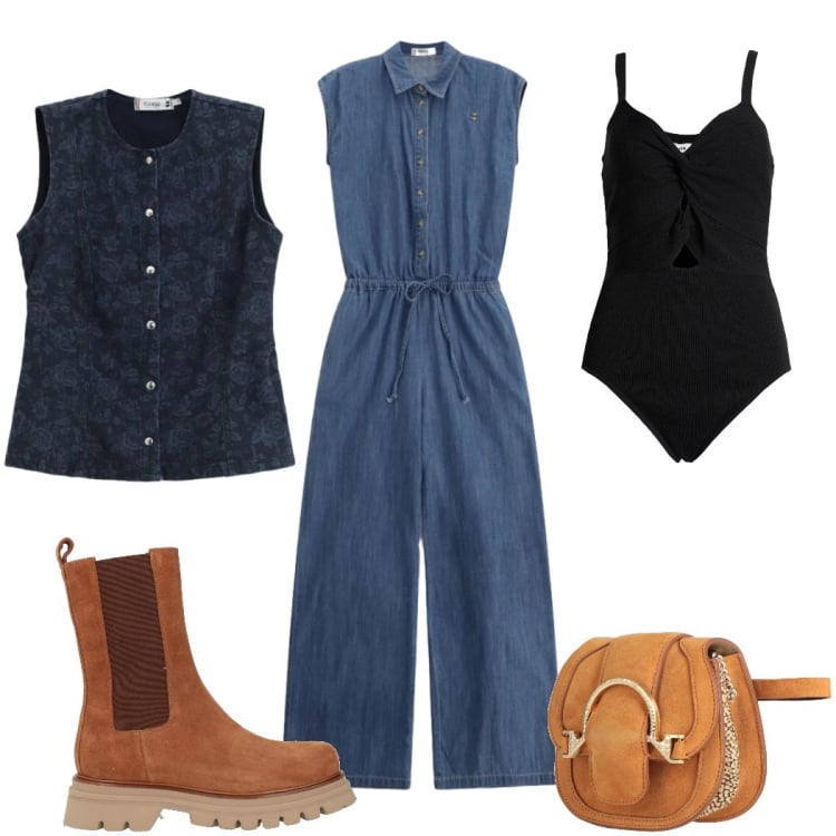 Outfit donna - Total look #2372629. Stile Trendy per Tutti i giorni. Abbinamento con marsupi, stivaletti, body, gilet, tute.