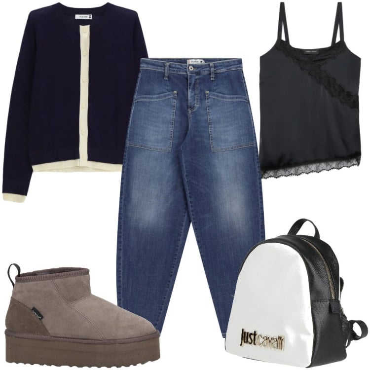 Outfit donna - Total look #2372633. Stile Casual per Tutti i giorni. Abbinamento con zaini, stivaletti, canottiere, jeans, cardigans.