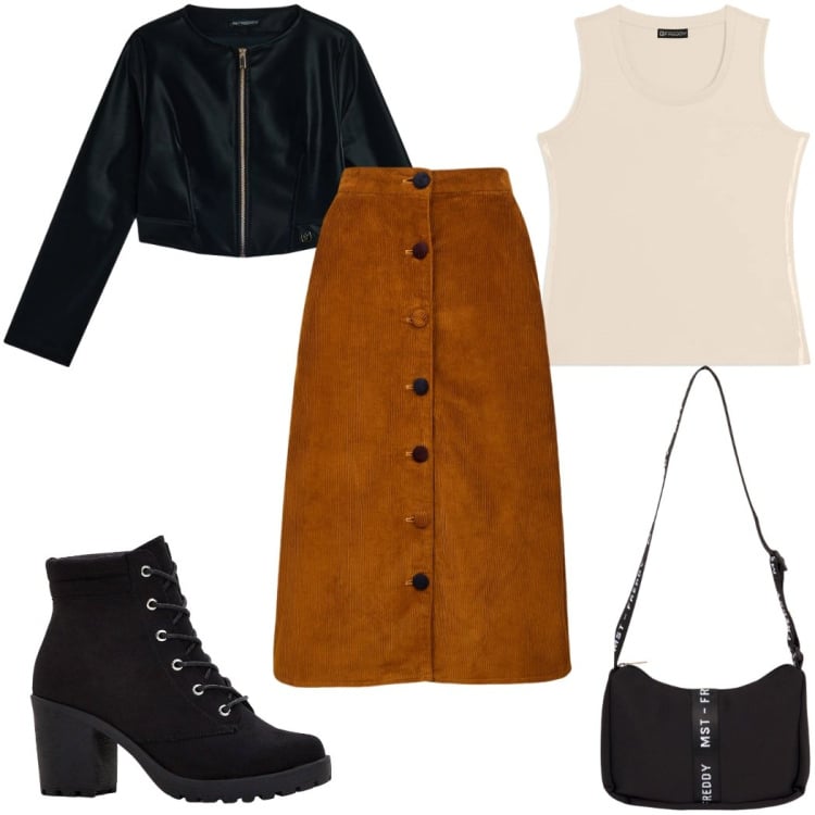 Outfit donna - Total look #2372635. Stile Trendy per Tutti i giorni. Abbinamento con stivaletti, canottiere, blazer, borse a tracolla, gonne longuette.