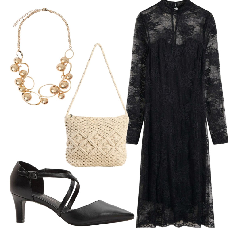 Outfit donna - Stile romantico primaverile. Stile Glamour per Serata fuori. Abbinamento con vestiti, décolleté, borse a tracolla, collane.