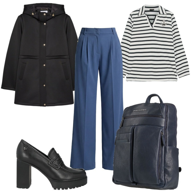 Outfit donna - Total look #2372640. Stile Trendy per Ufficio. Abbinamento con zaini, mocassini, polo, blazer, pantaloni.