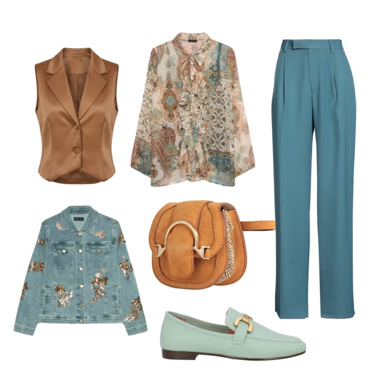 Outfit donna - Easy look. Stile Casual per Tutti i giorni. Abbinamento con pantaloni, marsupi, mocassini, blazer, camicie, gilet.