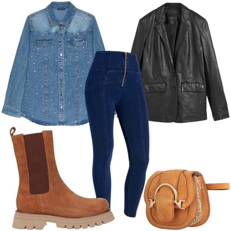 Outfit donna - Total look #2372648. Stile Casual per Tutti i giorni. Abbinamento con marsupi, stivaletti, blazer, camicie, jeggings.