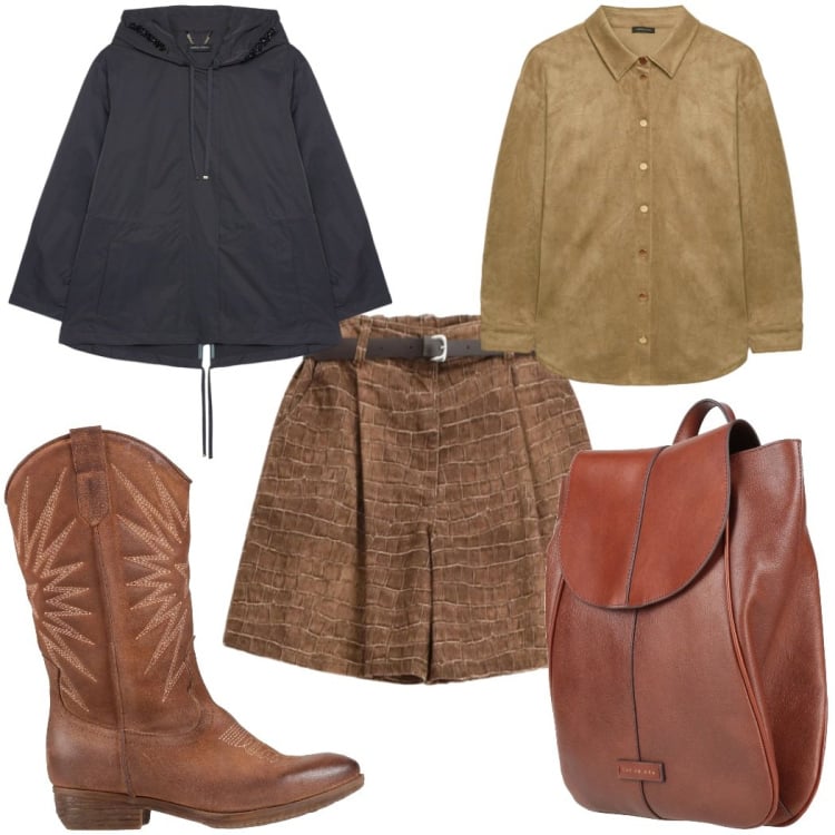 Outfit donna - Total look #2372650. Stile Trendy per Tutti i giorni. Abbinamento con stivali, zaini, camicie, parka, bermuda.