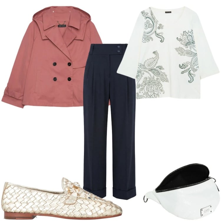 Outfit donna - Total look #2372657. Stile Trendy per Tutti i giorni. Abbinamento con marsupi, mocassini, trench, t-shirt, pantaloni.