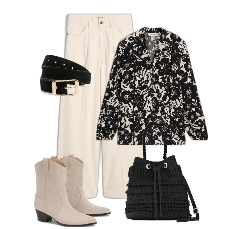 Outfit femme - Chemise à fleurs. Style Boho pour Tous les jours. Assortir avec jeans, sacs seau, tuniques, ceintures, bottines.