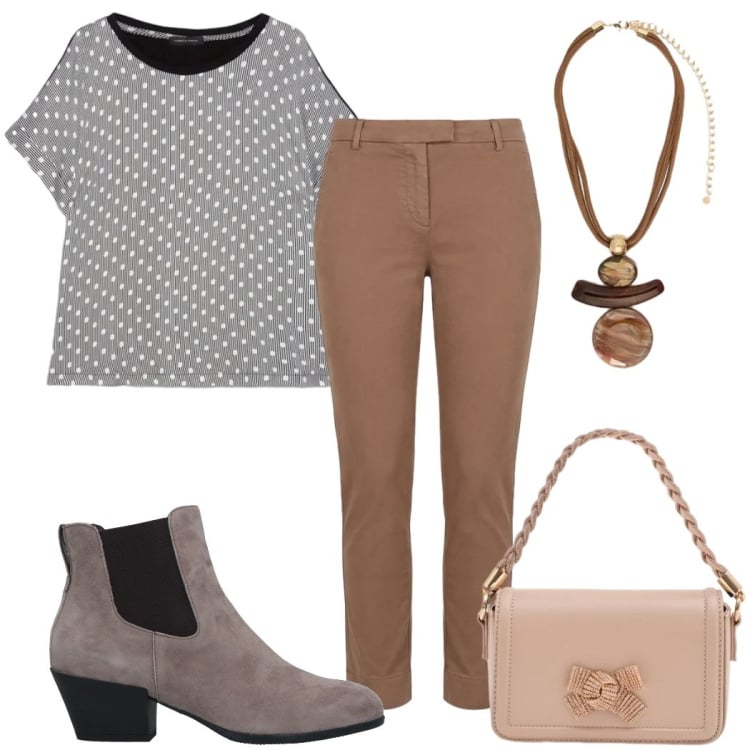 Outfit donna - Total look #2372660. Stile Casual chic per Tutti i giorni. Abbinamento con stivaletti chelsea, ciondoli, bluse, pantaloni, pochette.