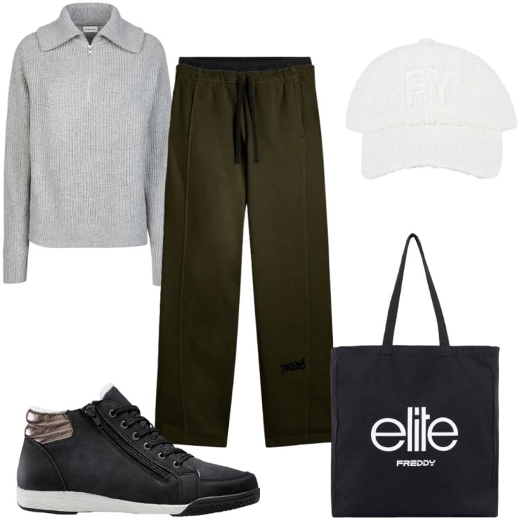 Outfit donna - Total look #2372667. Stile Basic Abbinamento con sneakers alte, shopping bag, cappelli con visiera, pantaloni, maglieria.