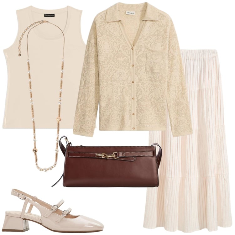 Outfit donna - Total look di primavera. Stile Romantica per Tutti i giorni. Abbinamento con cardigans, gonne lunghe, décolleté, borse a tracolla, collane, canottiere.
