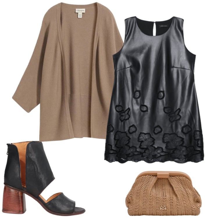 Outfit donna - Serata con amici. Stile Casual chic per Serata fuori. Abbinamento con stivaletti, cardigans, vestiti corti, pochette.