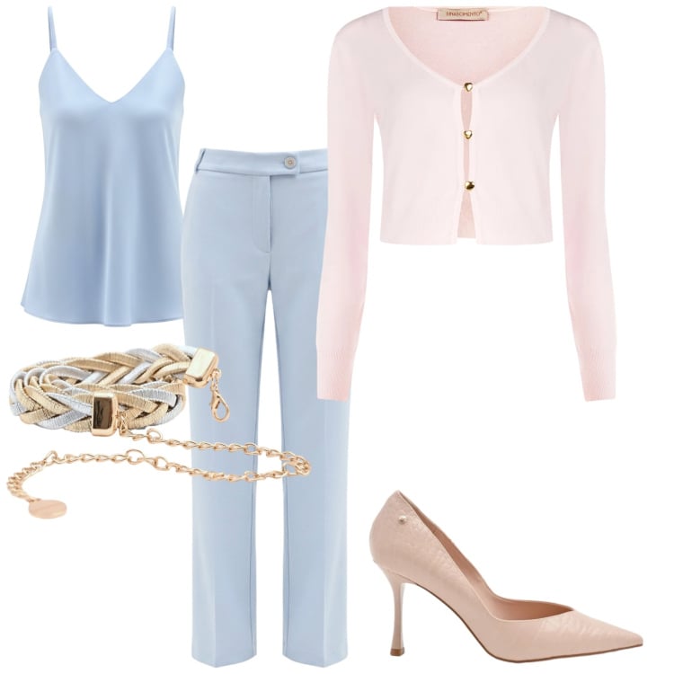 Outfit donna - Colori pastello Rinascimento. Stile Casual chic per Tutti i giorni. Abbinamento con pantaloni, canottiere, cinture, cardigans, décolleté.