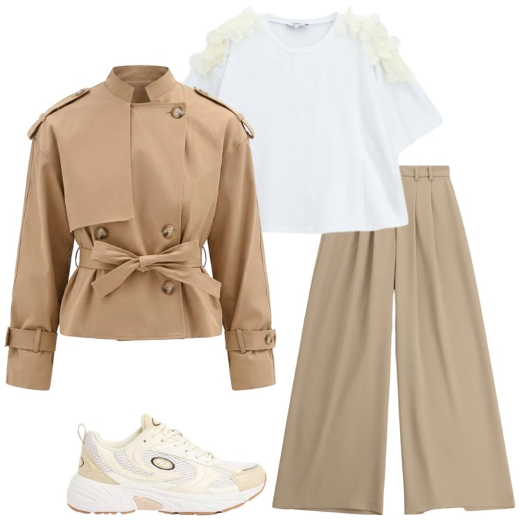 Outfit donna - Trench corto. Stile Casual chic per Tutti i giorni. Abbinamento con sneakers, caban, pantaloni a palazzo, t-shirt.