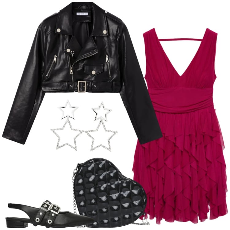 Outfit donna - Maggiorenne. Stile Glamour per Serata fuori. Abbinamento con vestiti, orecchini, giacche, ballerine, borse a tracolla.