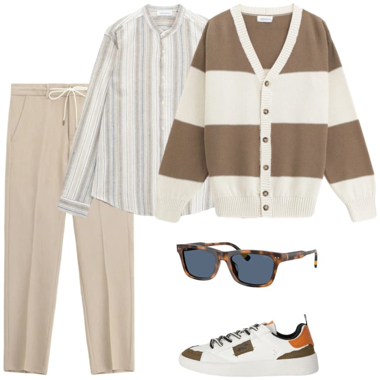 Outfit uomo - The new crew. Stile Trendy per Ufficio. Abbinamento con sneakers, cardigans, pantaloni, camicie, occhiali da sole.