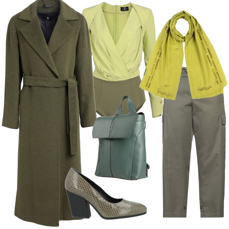 Outfit donna - Total look #2372709. Stile Casual chic per Tutti i giorni. Abbinamento con décolleté, body, cappotti, sciarpe, zaini, pantaloni cargo.