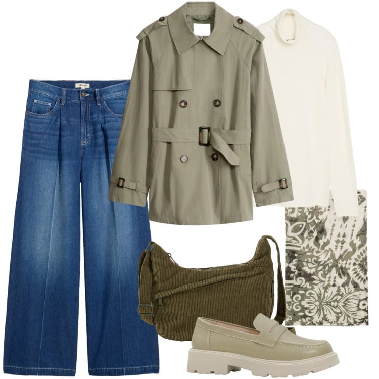 Outfit donna - Total look #2372710. Stile Urban per Tutti i giorni. Abbinamento con maglieria, trench, jeans, mocassini, borse a tracolla, foulard.