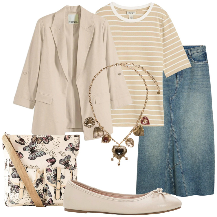 Outfit donna - Lunedì in ufficio. Stile Urban per Ufficio. Abbinamento con borse a tracolla, t-shirt, ballerine, gonne, blazer, collane.