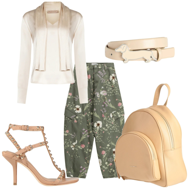 Outfit donna - Aperitivo in centro. Stile Trendy per Tutti i giorni. Abbinamento con zaini, sandali in pelle, cinture, bluse, pantaloni cargo.