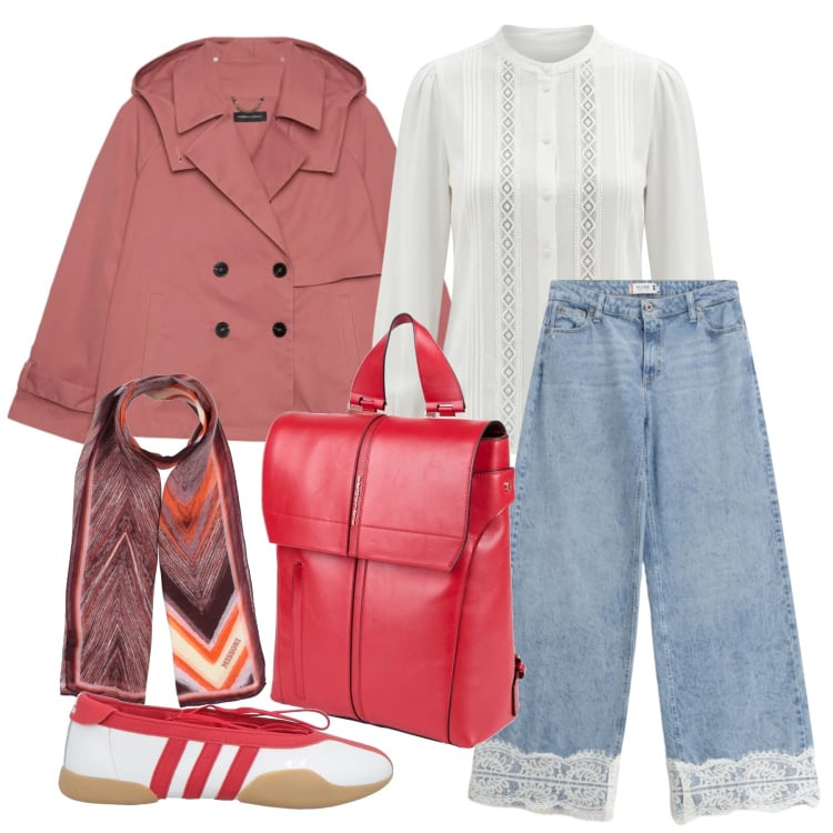 Outfit donna - Marzo. Stile Casual chic per Tutti i giorni. Abbinamento con sciarpe, zaini, ballerine, trench, jeans, camicie.
