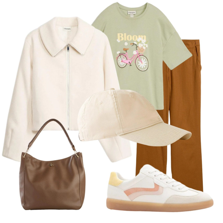 Outfit donna - Lunedì in università. Stile Casual per Scuola/Università. Abbinamento con sneakers, cappelli con visiera, pantaloni, blazer, borse a tracolla, t-shirt.