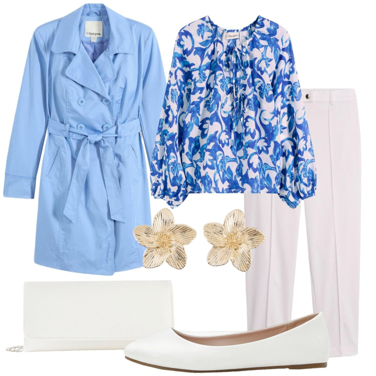 Outfit donna - Azzurro primavera. Stile Casual chic per Ufficio. Abbinamento con pantaloni, ballerine, tuniche, pochette, trench, orecchini.
