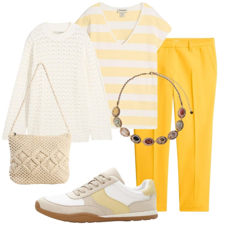 Outfit donna - Giallo limone. Stile Casual chic per Ufficio. Abbinamento con pantaloni, maglieria, sneakers, maglieria, borse a tracolla, collane.