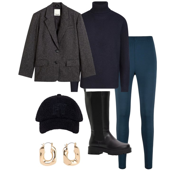 Outfit donna - Total look #2372721. Stile Sporty chic per Tutti i giorni. Abbinamento con stivali, leggings, blazer, orecchini, cappelli con visiera, maglieria.