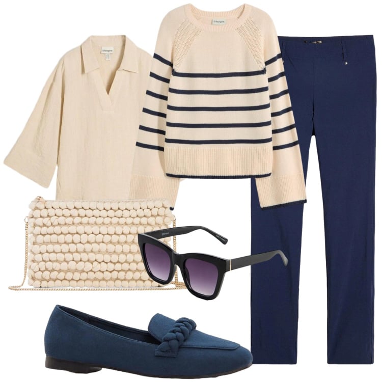 Outfit donna - Primavera in blu e beige. Stile Casual chic per Tutti i giorni. Abbinamento con maglieria, tuniche, pantaloni, borse a tracolla, mocassini, occhiali da sole.